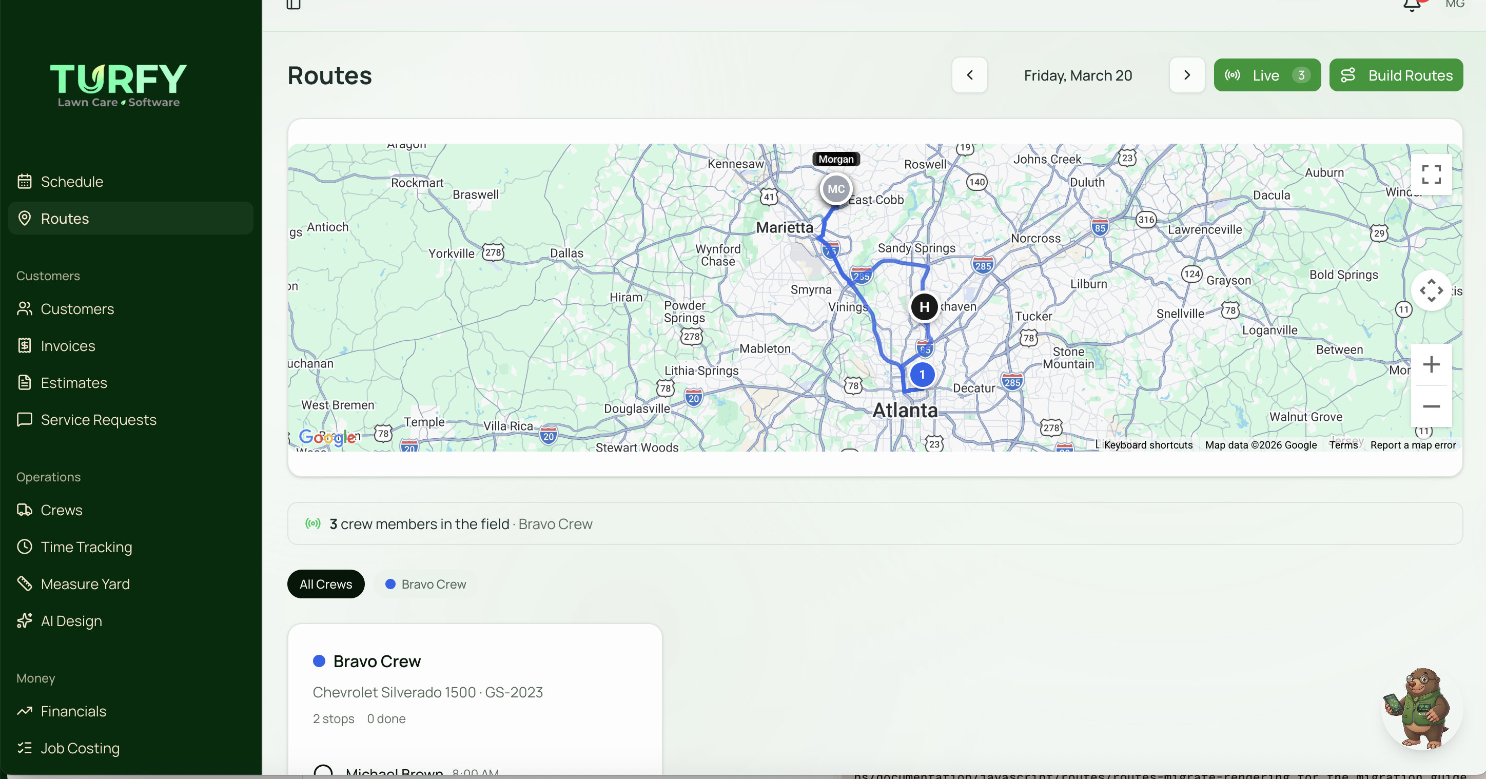 Turfy Live Crew Tracking — real-time GPS map of active crews