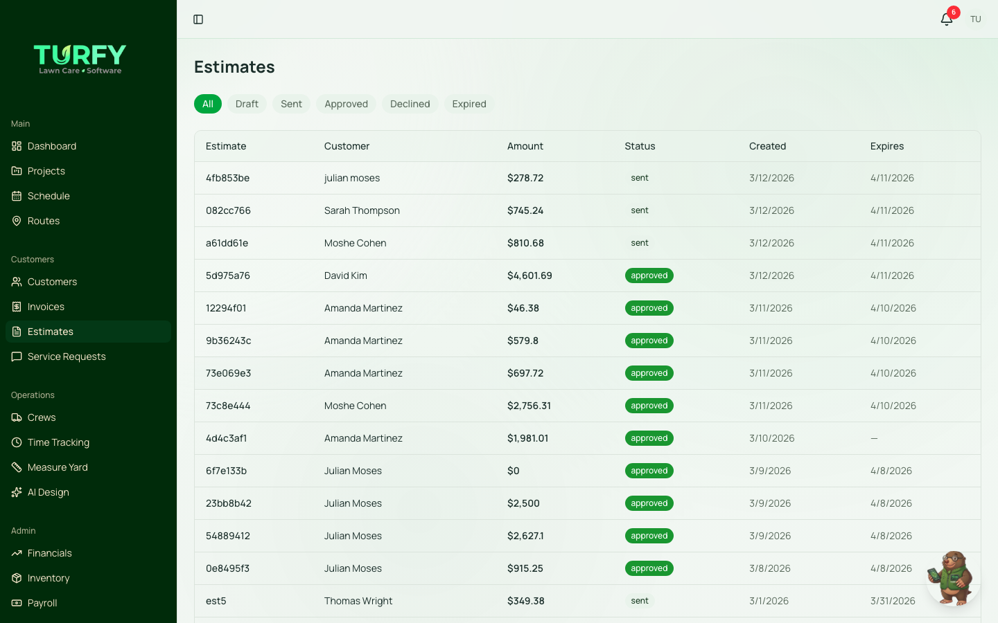 Turfy Estimates & Invoicing — estimate detail with line items