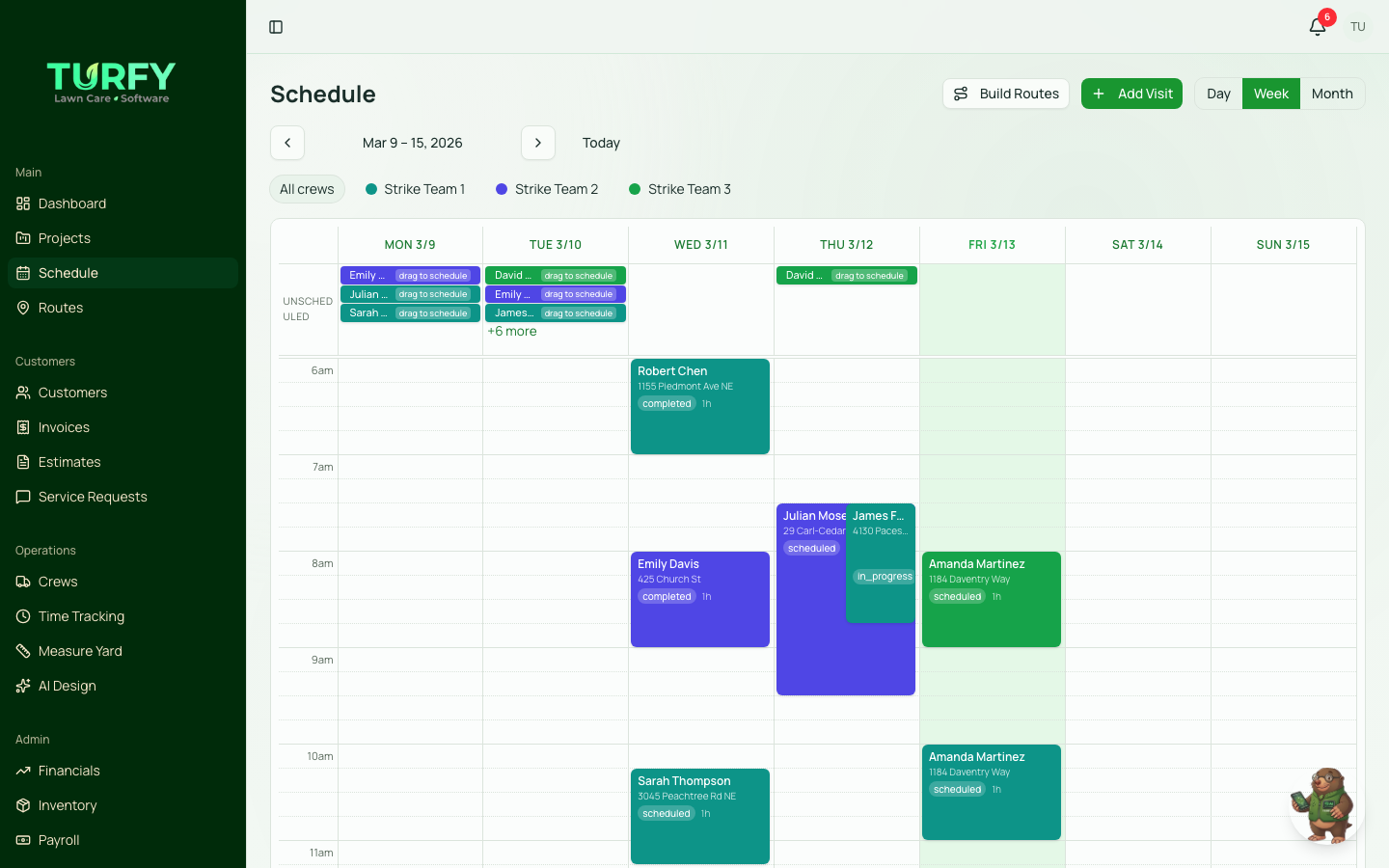 Turfy Smart Scheduling — drag-and-drop calendar with crew assignments