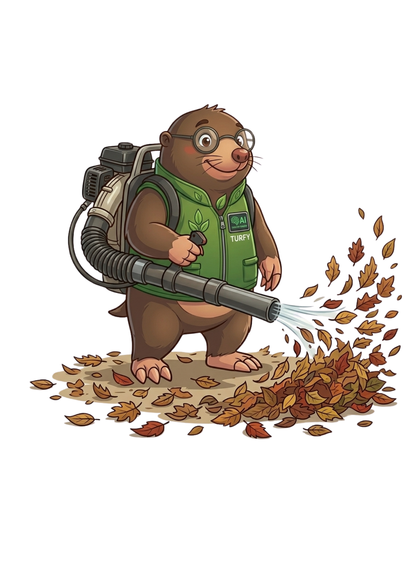 Turfy the Mole with a leaf blower