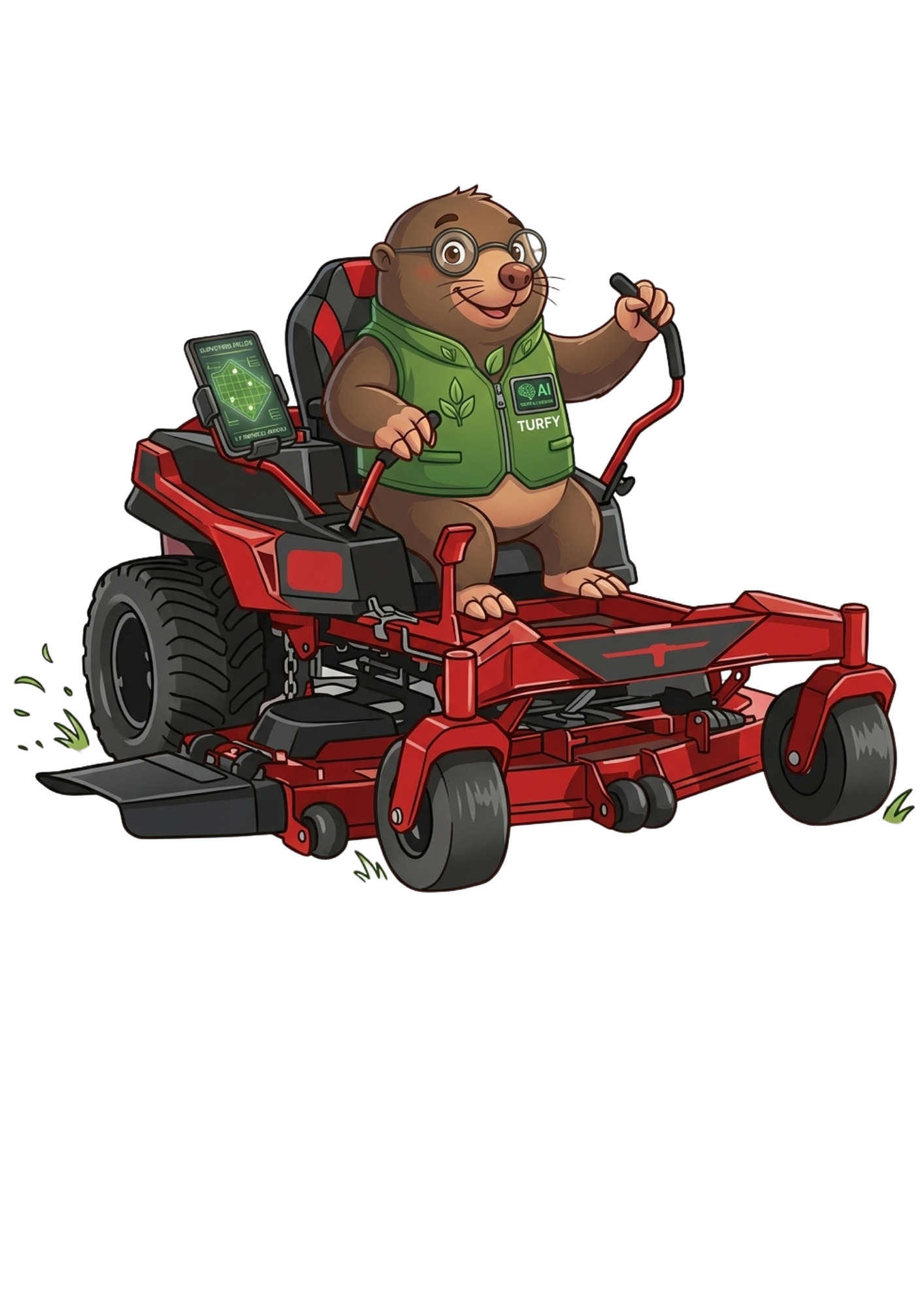 Turfy the Mole on a lawn mower
